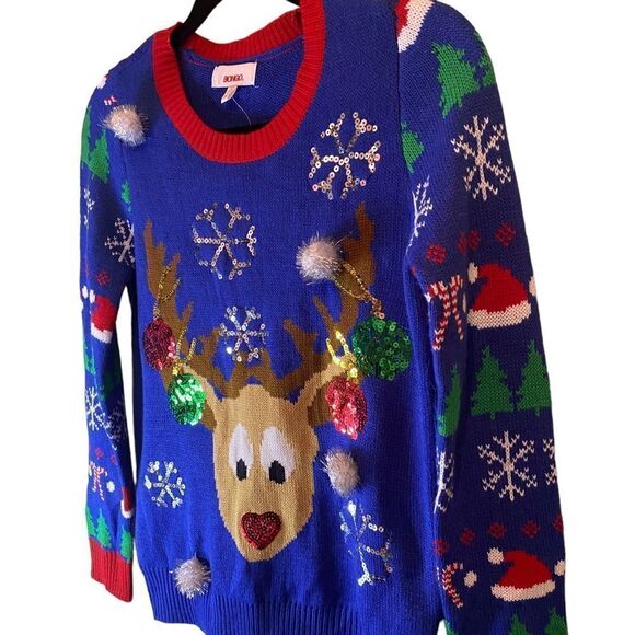 BONGO Y2K Christmas Sweater with Reindeer Pom-Poms & Sequins Size Small - Picture 4 of 8